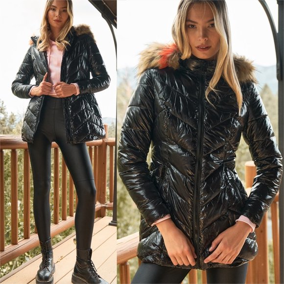 FLEECED LINED PUFFER JACKET - black Hoodie Faux fu - Picture 1 of 5